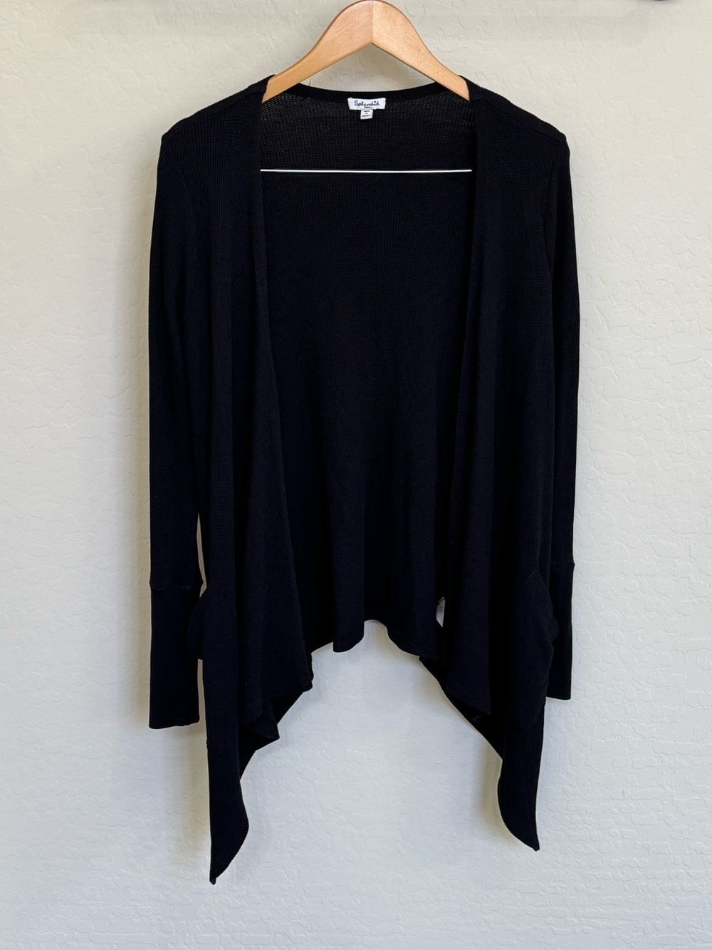 Splendid Black Waffle Knit Open Front Asymmetric Draped Cardigan Size Small
